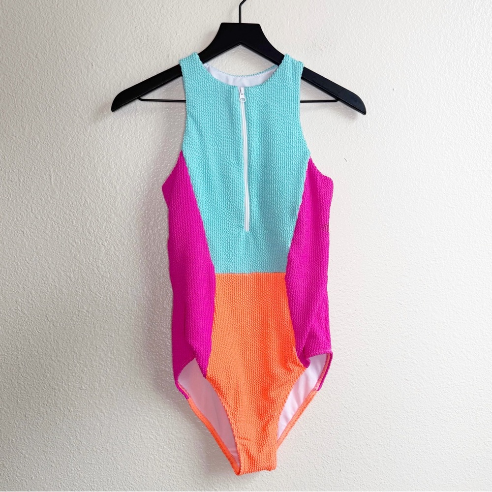 Pink Lily Color Block Front Zip One Piece Swimsuit Women’s Size Small